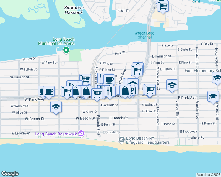 map of restaurants, bars, coffee shops, grocery stores, and more near 70 East Market Street in Long Beach