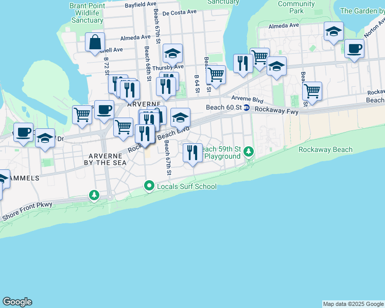 map of restaurants, bars, coffee shops, grocery stores, and more near 6505 Ocean Avenue North in Queens