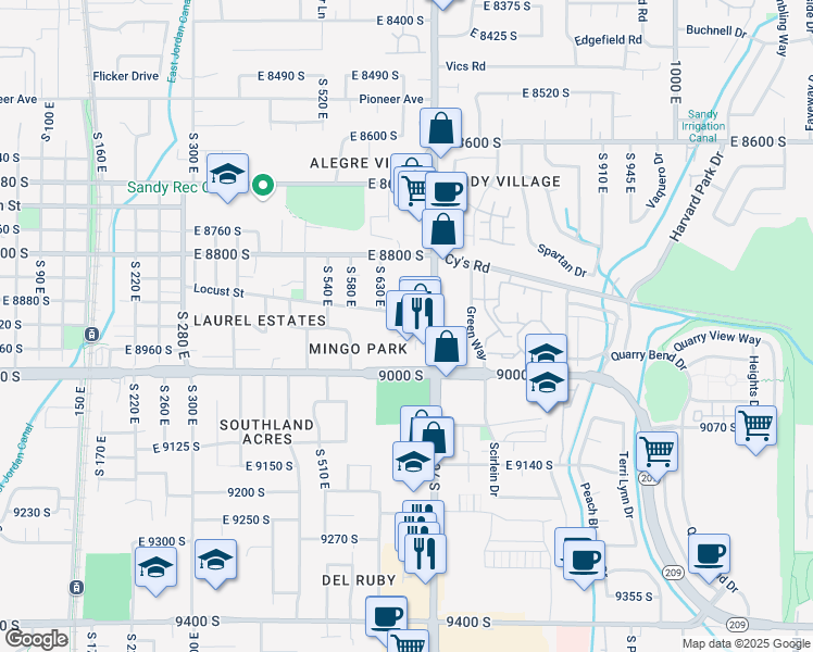 map of restaurants, bars, coffee shops, grocery stores, and more near 8850 South 700 East in Sandy