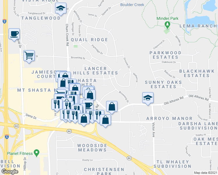 map of restaurants, bars, coffee shops, grocery stores, and more near 1445 Serrano Place in Redding