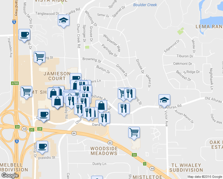 map of restaurants, bars, coffee shops, grocery stores, and more near 1233 Bundy Court in Redding