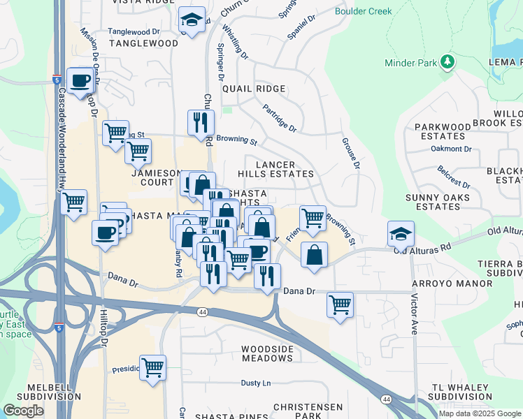 map of restaurants, bars, coffee shops, grocery stores, and more near 1233 Bundy Court in Redding