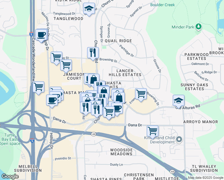 map of restaurants, bars, coffee shops, grocery stores, and more near 1229 Burton Court in Redding
