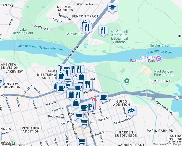 map of restaurants, bars, coffee shops, grocery stores, and more near 1090 Continental Street in Redding