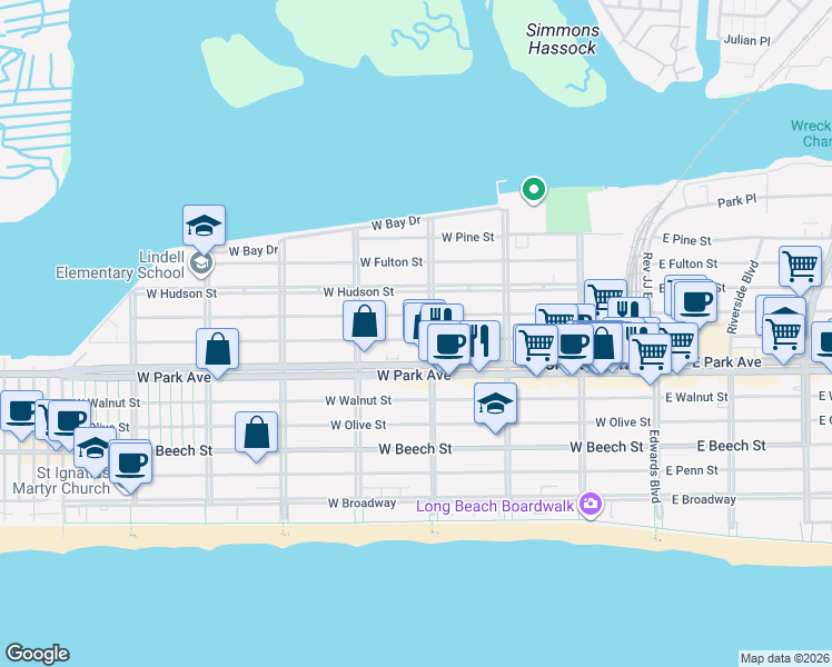 map of restaurants, bars, coffee shops, grocery stores, and more near 338 West Market Street in Long Beach
