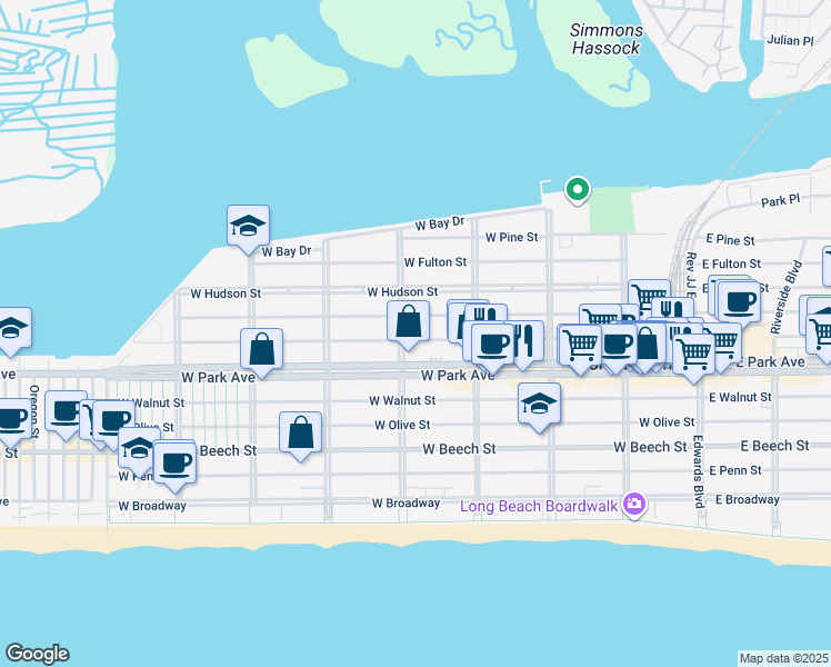 map of restaurants, bars, coffee shops, grocery stores, and more near 474 Lafayette Boulevard in Long Beach