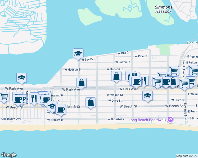 map of restaurants, bars, coffee shops, grocery stores, and more near 501 Washington Boulevard in Long Beach