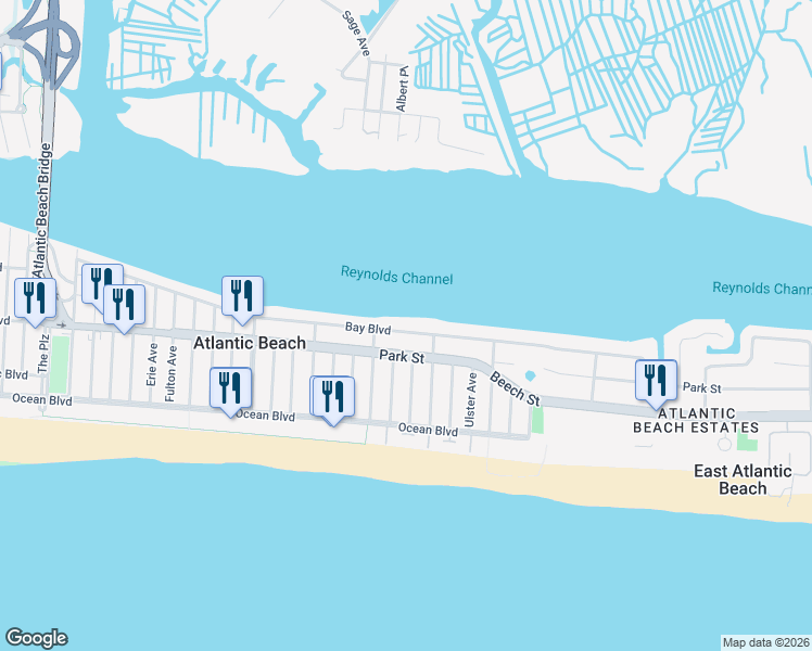 map of restaurants, bars, coffee shops, grocery stores, and more near 1710 Bay Boulevard in Atlantic Beach