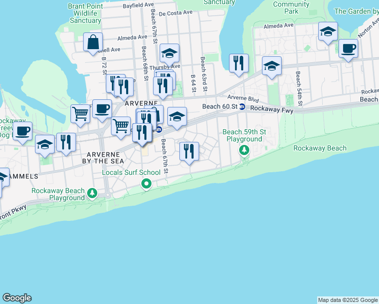 map of restaurants, bars, coffee shops, grocery stores, and more near 6505 Ocean Avenue North in Queens