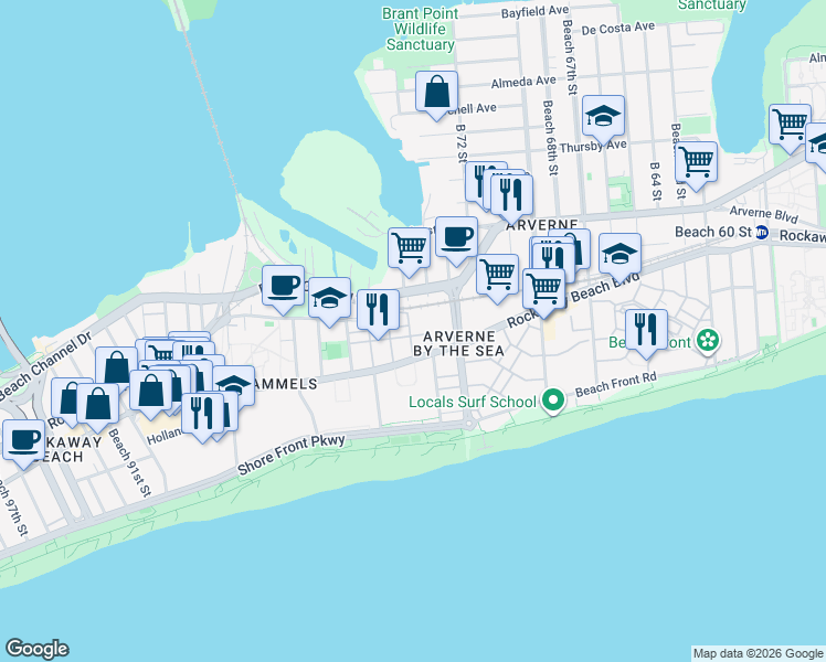map of restaurants, bars, coffee shops, grocery stores, and more near 2-48 Beach Breeze Place in Queens