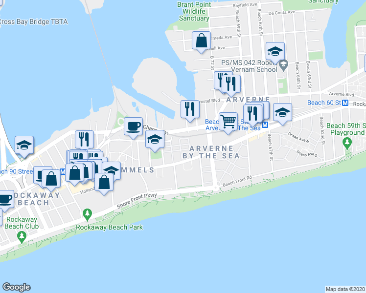 map of restaurants, bars, coffee shops, grocery stores, and more near 2-48 Beach Breeze Place in Queens
