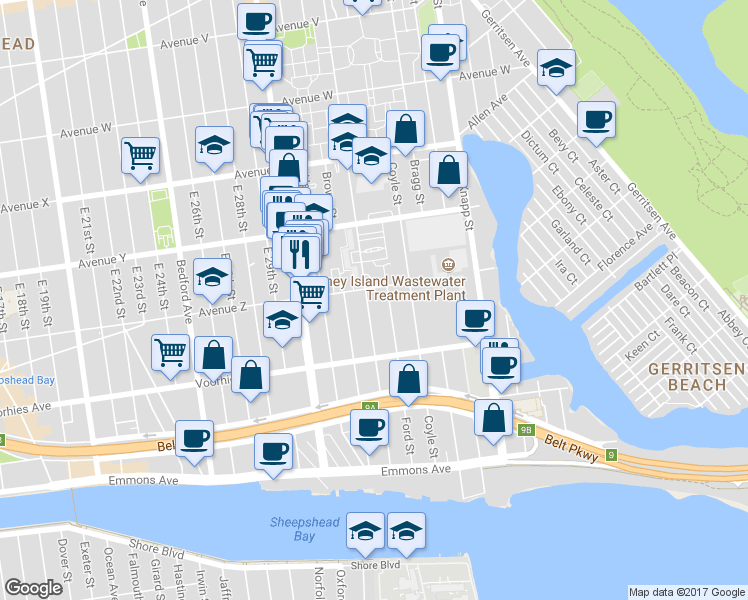 map of restaurants, bars, coffee shops, grocery stores, and more near 3011 Avenue Z in Brooklyn