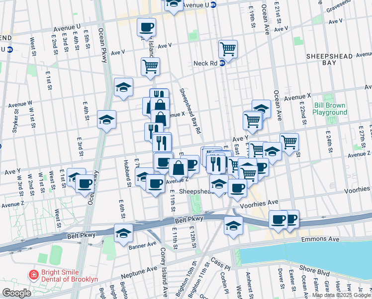 map of restaurants, bars, coffee shops, grocery stores, and more near 2470 Homecrest Avenue in Brooklyn