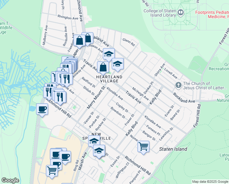 map of restaurants, bars, coffee shops, grocery stores, and more near 687 Klondike Avenue in Staten Island