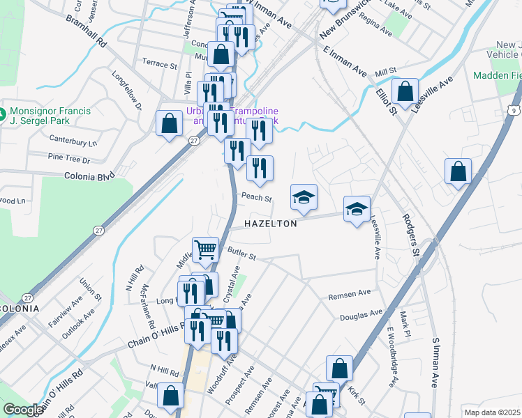 map of restaurants, bars, coffee shops, grocery stores, and more near 116 Peach Street in Woodbridge Township