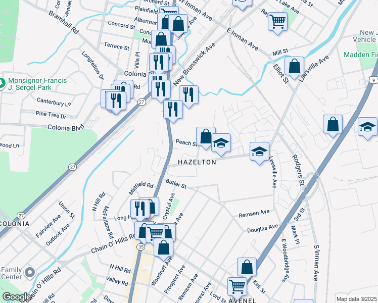 map of restaurants, bars, coffee shops, grocery stores, and more near 116 Peach Street in Woodbridge Township
