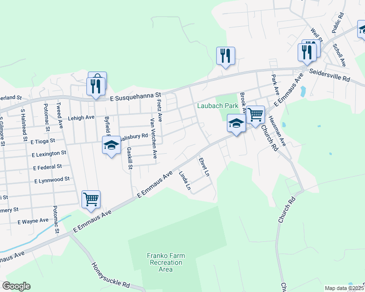 map of restaurants, bars, coffee shops, grocery stores, and more near 1433 Pearl Street in Allentown