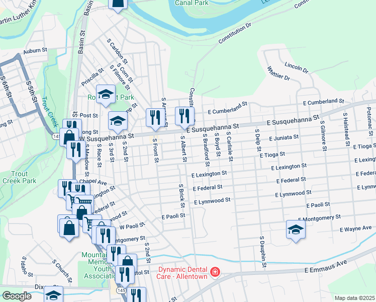 map of restaurants, bars, coffee shops, grocery stores, and more near 117 East Juniata Street in Allentown