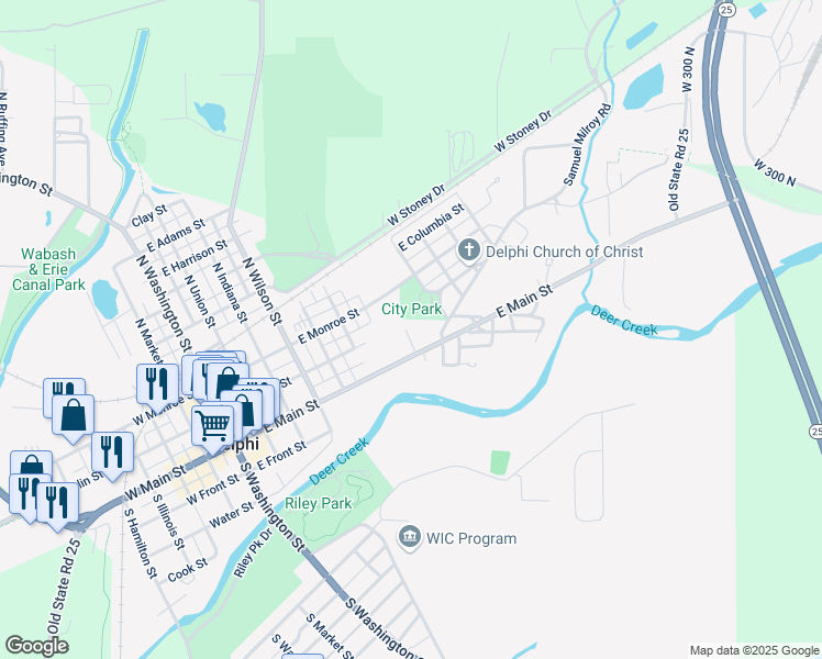map of restaurants, bars, coffee shops, grocery stores, and more near 101 Clyde Street in Delphi