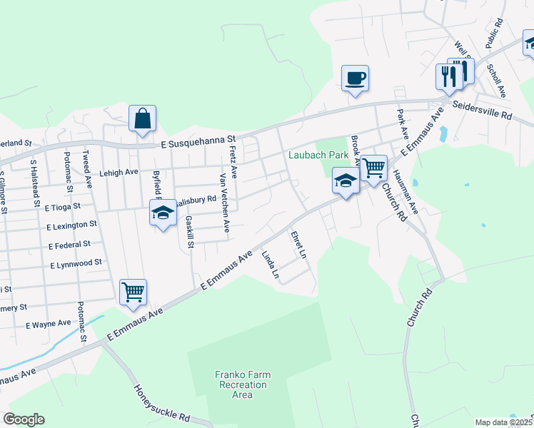 map of restaurants, bars, coffee shops, grocery stores, and more near 1433 Pearl Street in Allentown
