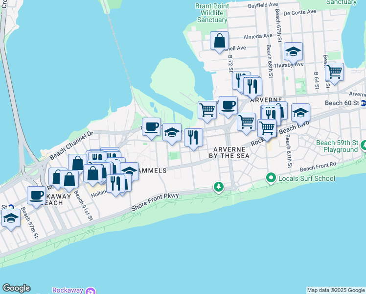 map of restaurants, bars, coffee shops, grocery stores, and more near 2-44 Beach 79th Street in Queens