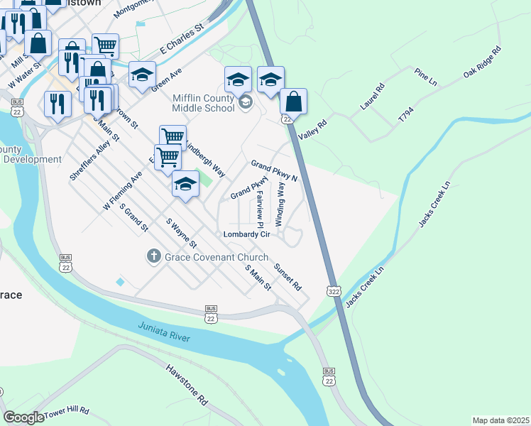 map of restaurants, bars, coffee shops, grocery stores, and more near 8 Fairview Place in Lewistown