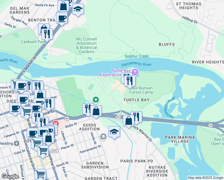 map of restaurants, bars, coffee shops, grocery stores, and more near 700 Auditorium Drive in Redding