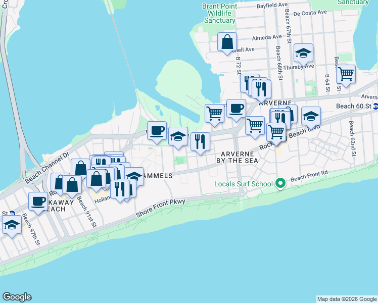 map of restaurants, bars, coffee shops, grocery stores, and more near 2-44 Beach 79th Street in Queens