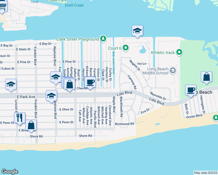 map of restaurants, bars, coffee shops, grocery stores, and more near in East Atlantic Beach