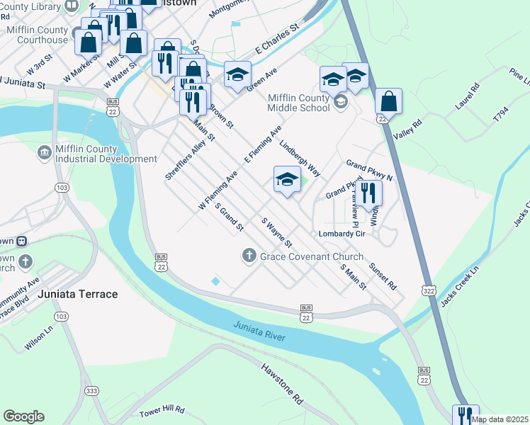map of restaurants, bars, coffee shops, grocery stores, and more near 603 South Wayne Street in Lewistown