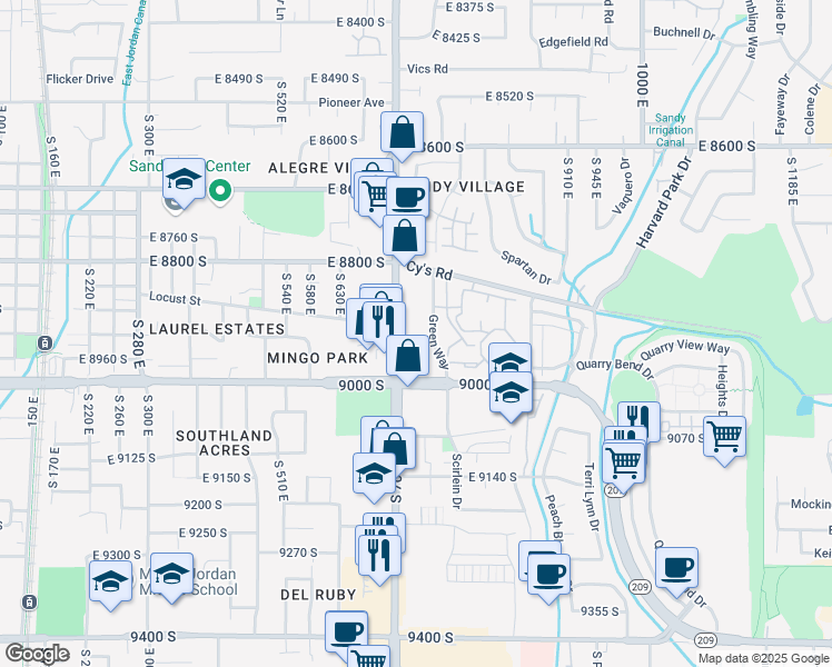 map of restaurants, bars, coffee shops, grocery stores, and more near 8899 South 700 East in Sandy