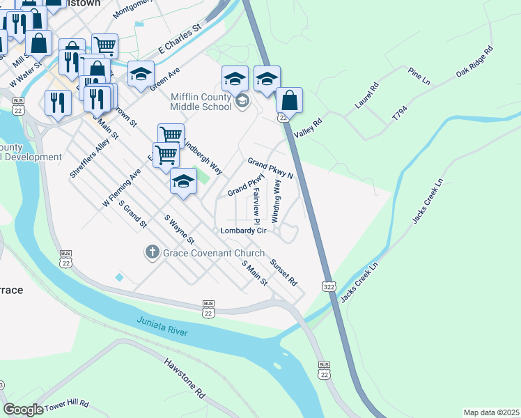 map of restaurants, bars, coffee shops, grocery stores, and more near 8 Fairview Place in Lewistown