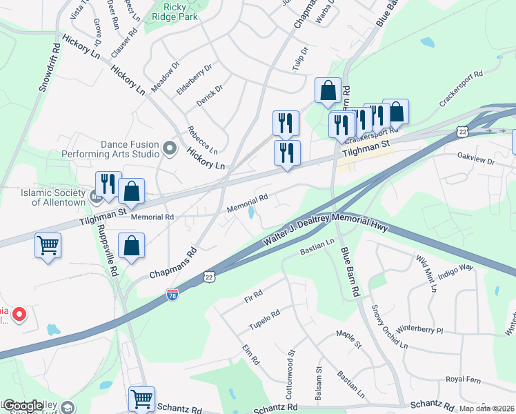 map of restaurants, bars, coffee shops, grocery stores, and more near 6111 Memorial Road in Allentown