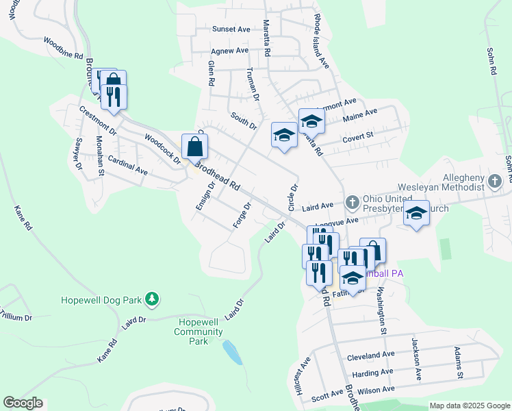 map of restaurants, bars, coffee shops, grocery stores, and more near 2003 Forge Drive in Aliquippa