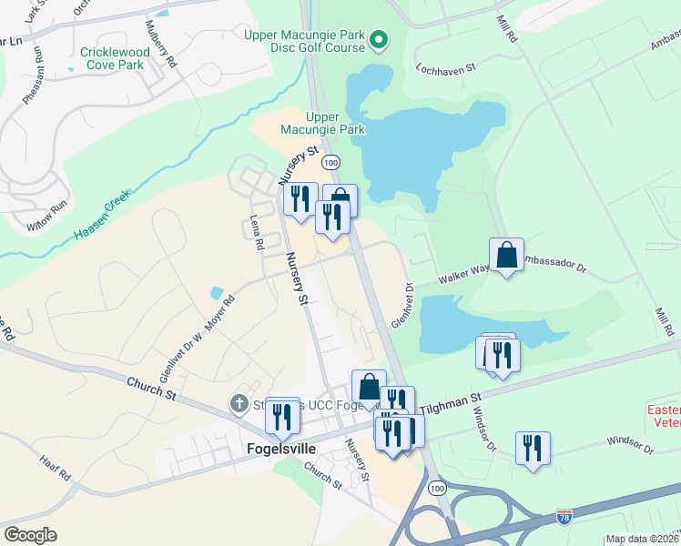 map of restaurants, bars, coffee shops, grocery stores, and more near 7721 Glenlivet Drive West in Fogelsville