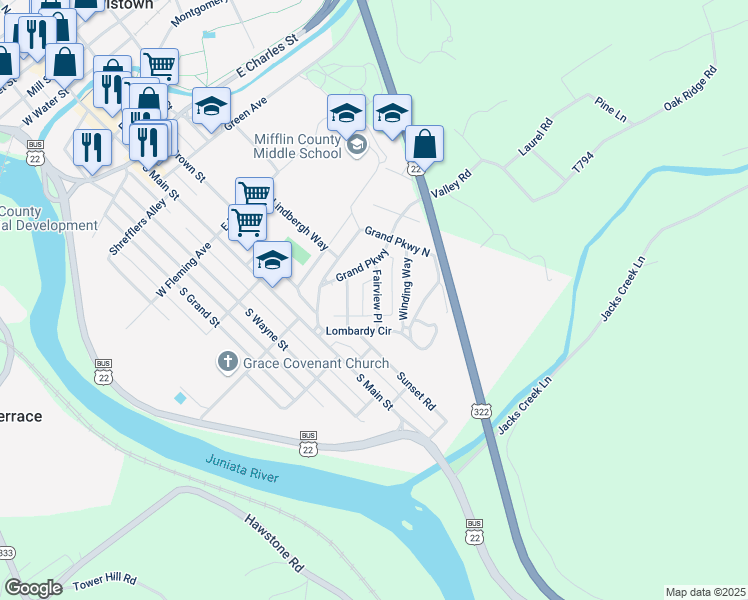 map of restaurants, bars, coffee shops, grocery stores, and more near 7 Fairview Place in Lewistown