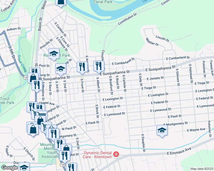 map of restaurants, bars, coffee shops, grocery stores, and more near 117 East Juniata Street in Allentown