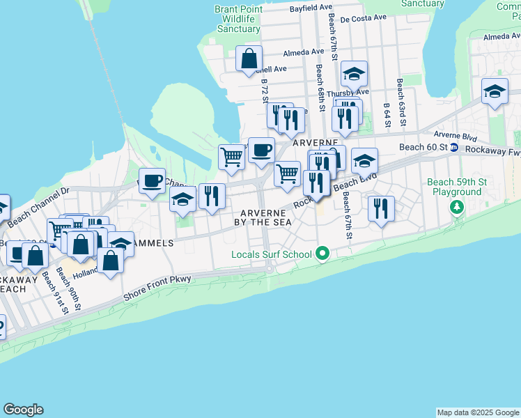 map of restaurants, bars, coffee shops, grocery stores, and more near Beach 73rd Street in Queens