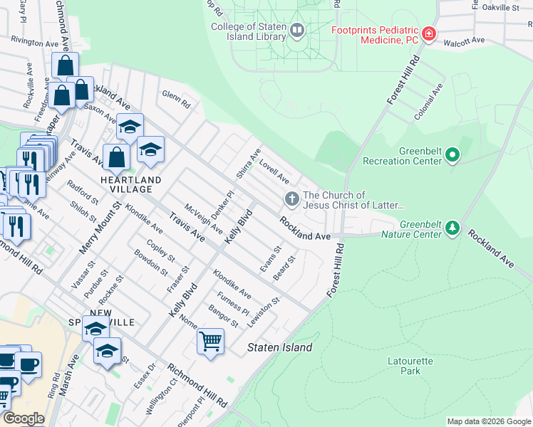 map of restaurants, bars, coffee shops, grocery stores, and more near 7 Kelly Boulevard in Staten Island