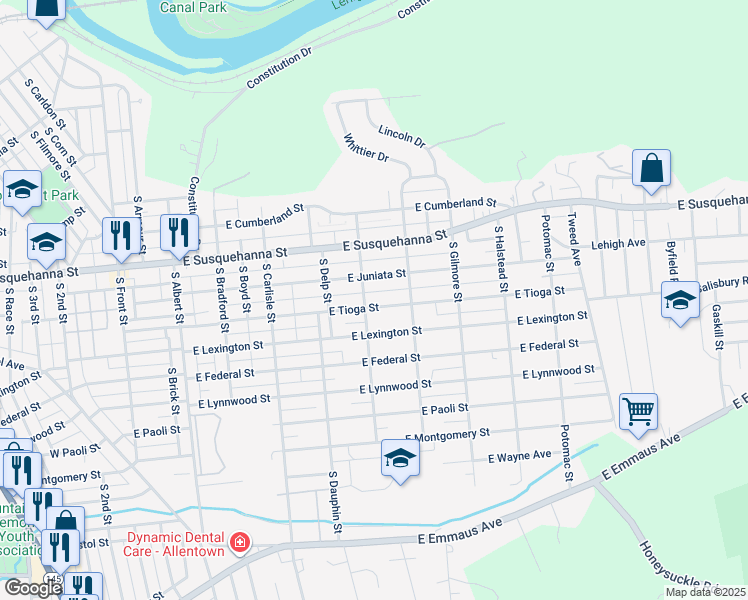map of restaurants, bars, coffee shops, grocery stores, and more near 505 East Tioga Street in Allentown