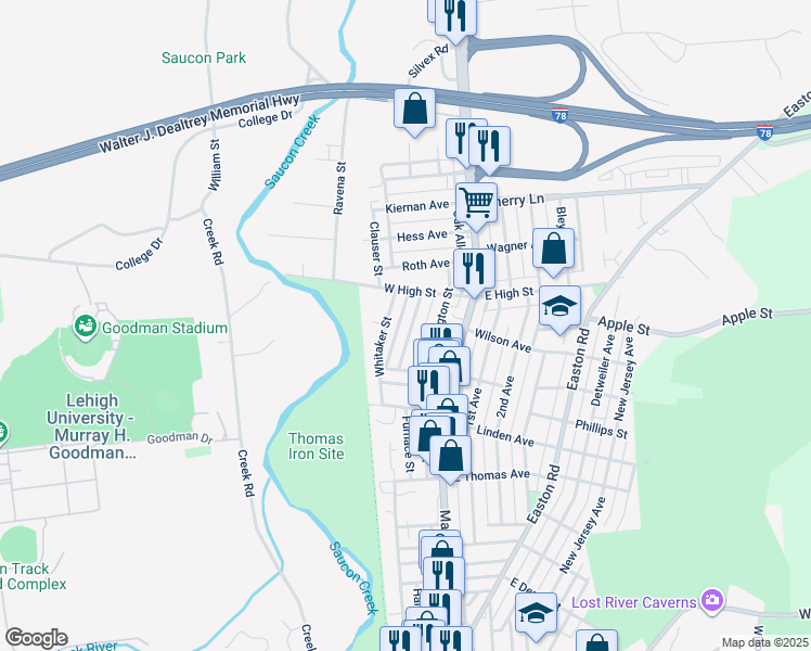 map of restaurants, bars, coffee shops, grocery stores, and more near 1378 Jefferson Street in Hellertown
