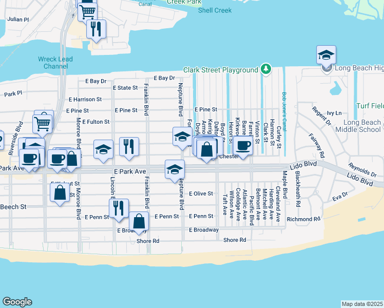 map of restaurants, bars, coffee shops, grocery stores, and more near 10 Doyle Street in Long Beach