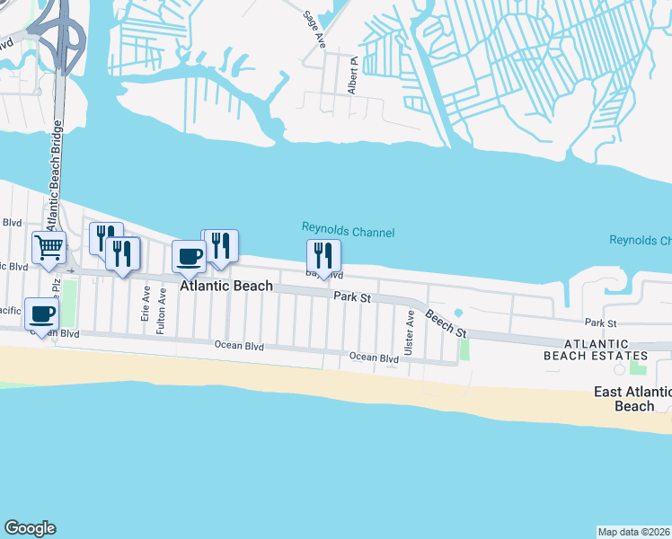 map of restaurants, bars, coffee shops, grocery stores, and more near 1710 Bay Boulevard in Atlantic Beach