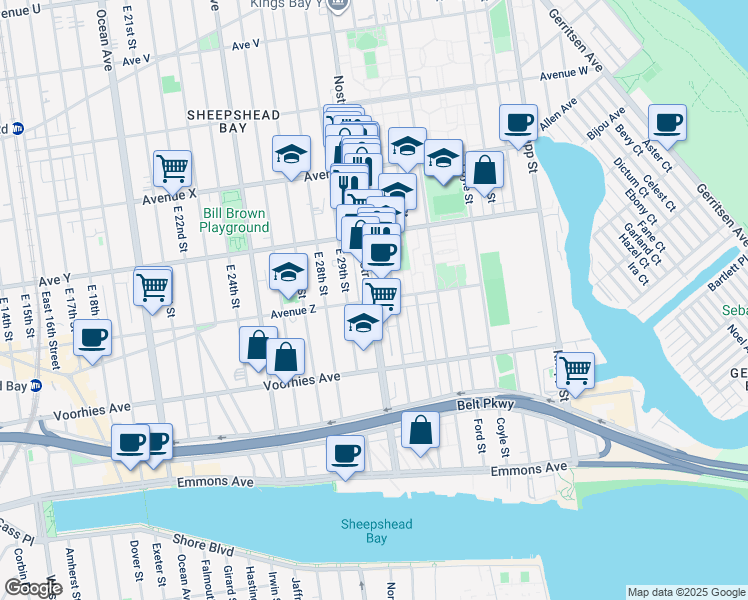 map of restaurants, bars, coffee shops, grocery stores, and more near Nostrand Avenue & Avenue Z in Brooklyn