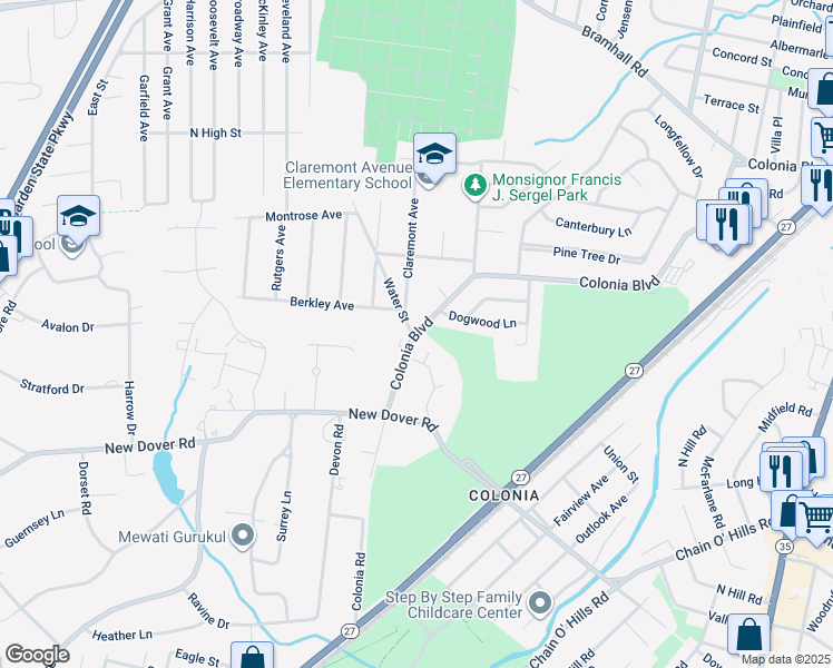 map of restaurants, bars, coffee shops, grocery stores, and more near 507 Colonia Boulevard in Woodbridge Township