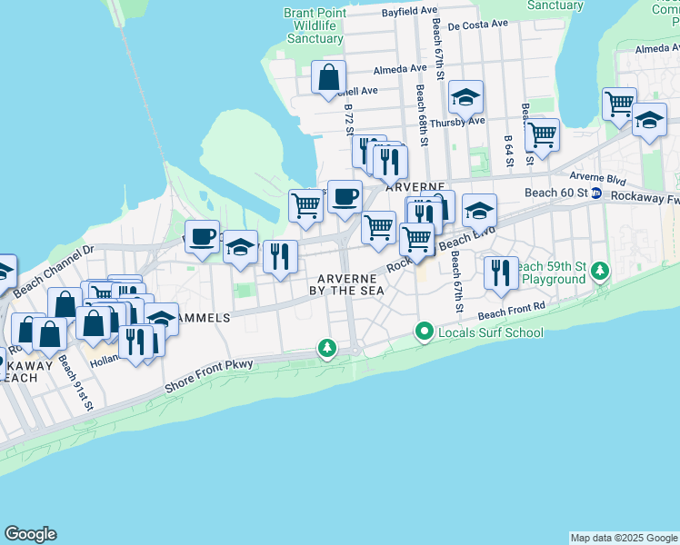 map of restaurants, bars, coffee shops, grocery stores, and more near 207 73 Street in Queens