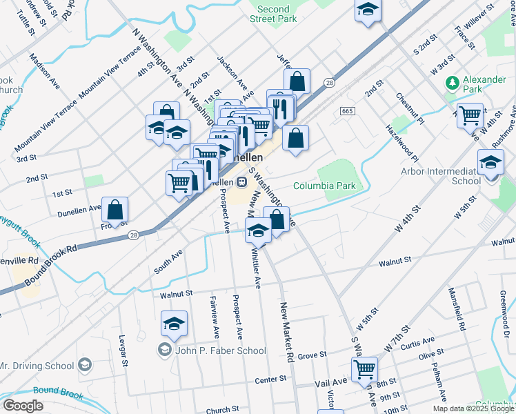 map of restaurants, bars, coffee shops, grocery stores, and more near 115 New Market Road in Dunellen