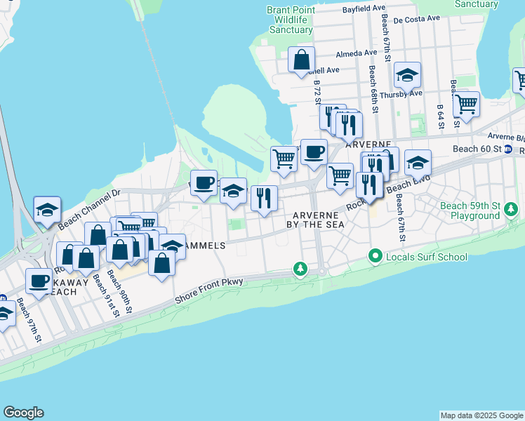 map of restaurants, bars, coffee shops, grocery stores, and more near 252 Beach 77th Street in Queens