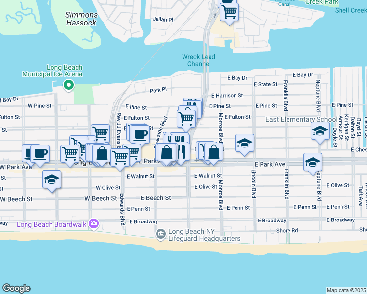 map of restaurants, bars, coffee shops, grocery stores, and more near 160 East Market Street in Long Beach