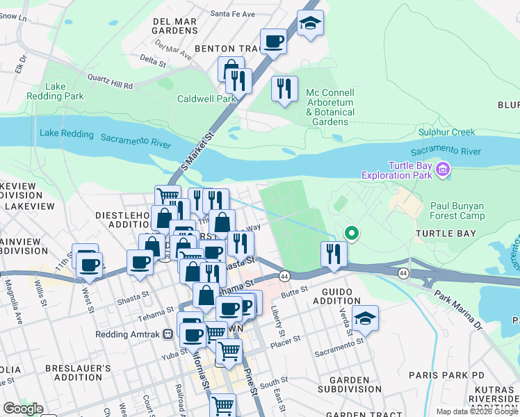 map of restaurants, bars, coffee shops, grocery stores, and more near 1112 Continental Street in Redding